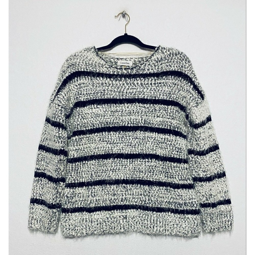 Calvin Klein Sweater Womens Medium Birch Black Striped Chenille Knit Slouchy